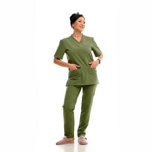 Strój medyczny damski khaki PREMIUM przód