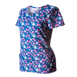 Bluzka medyczna damska wzór motyle na modrakowym tle