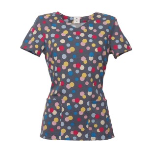 Bluzka medyczna damska wzór kolorowe kółka na szarym tle