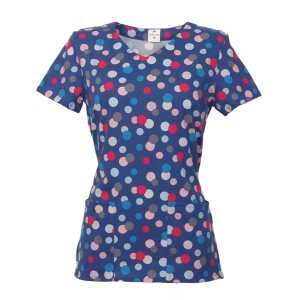 Bluzka medyczna damska wzór kolorowe kółka na modrakowym tle