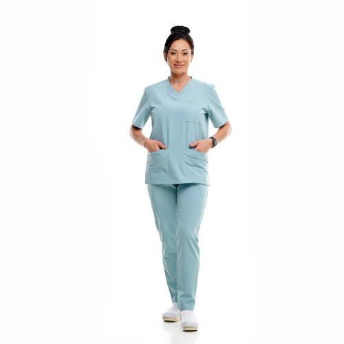 Spodnie medyczne damskie szałwiowe PREMIUM przód