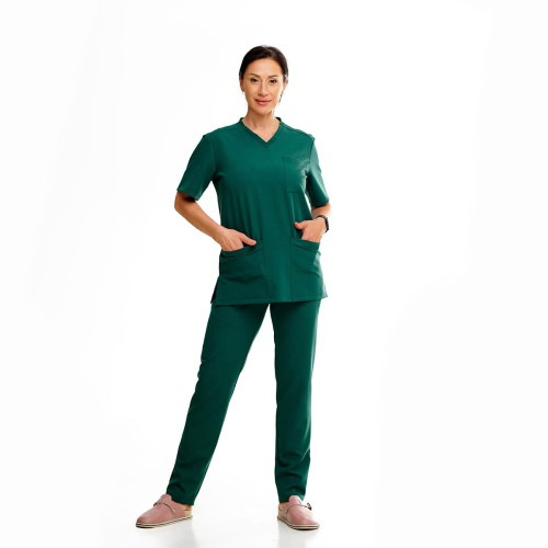 Strój medyczny damski butelkowa zieleń PREMIUM przód